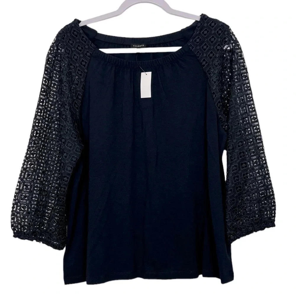 Talbots New Women’s L Navy Blue Eyelet 3/4 Sleeve Boatneck Blouse